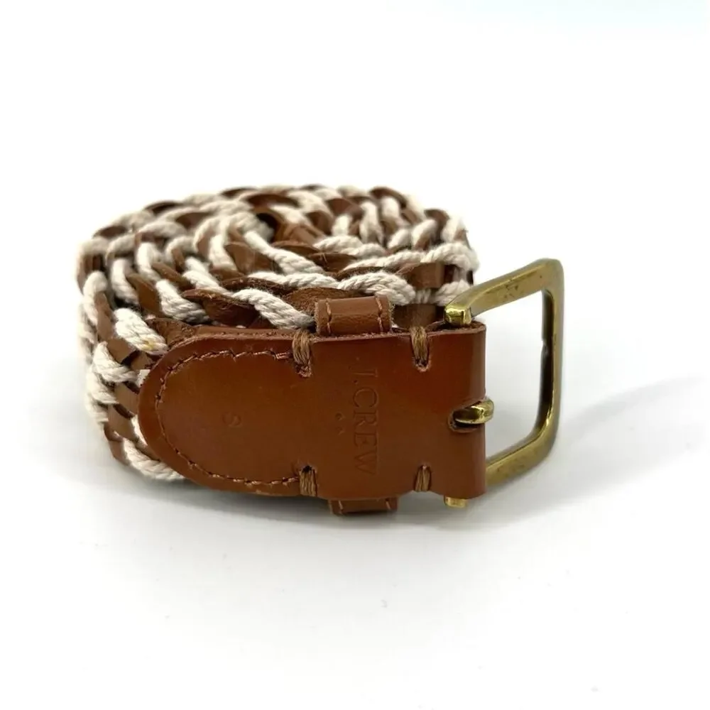 J.Crew Braided Rope & Leather Belt Size S Woven Nautical Gold Buckle Brown Cream - Picture 7 of 7